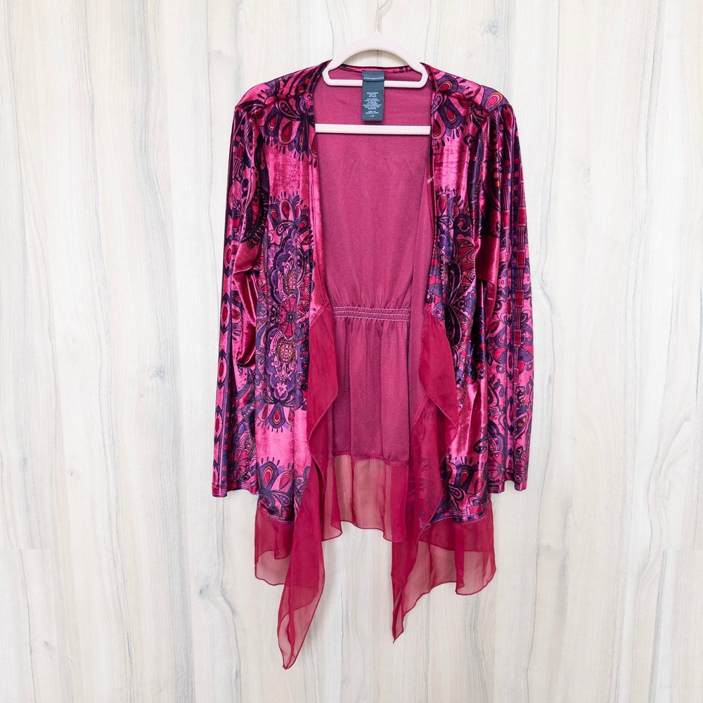 Womens Velvet Cardigan L Pink Paisley Sheer Trim Open Front Boho Festival Artsy - Picture 2 of 8